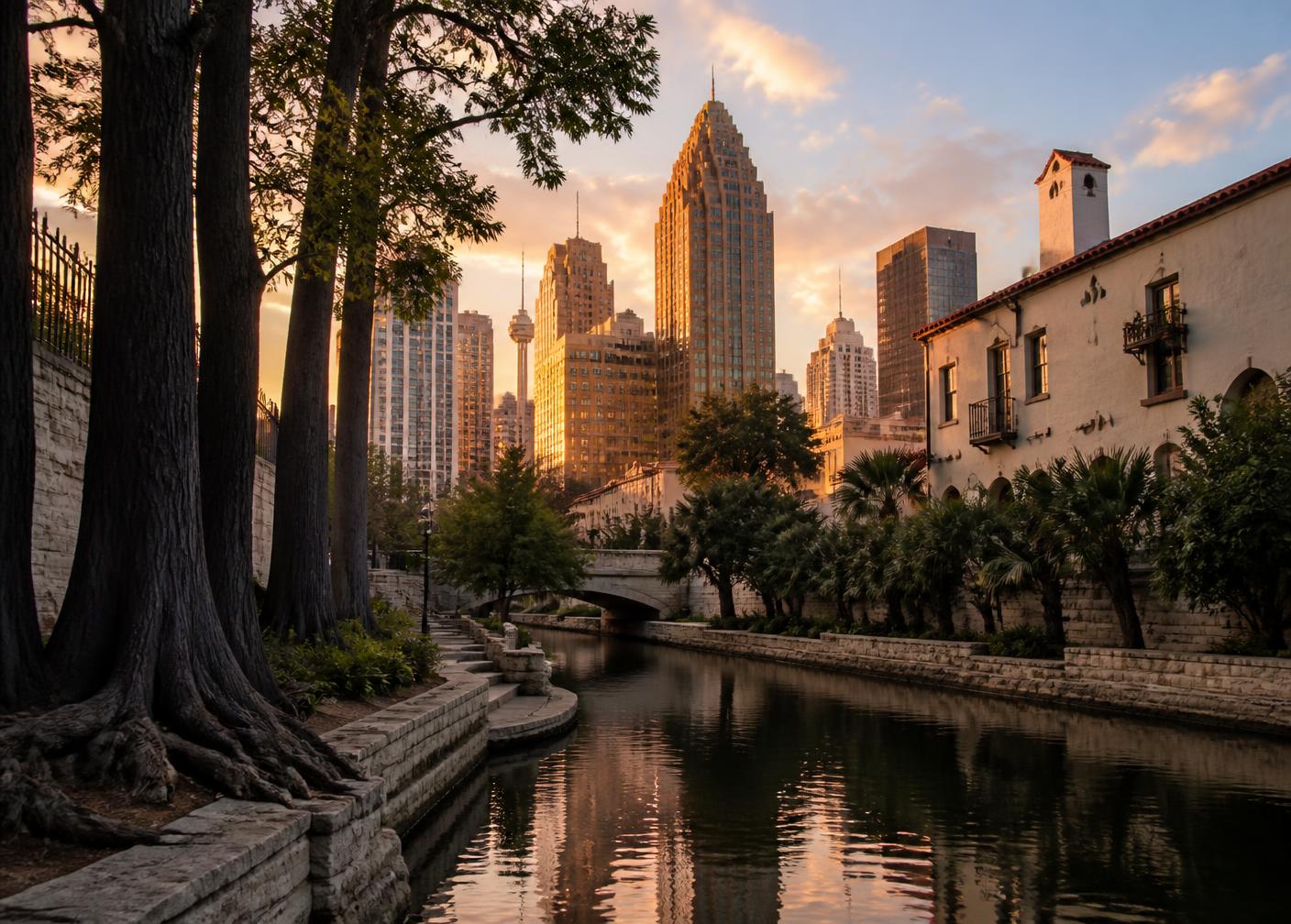 San Antonio, Texas skyline and River Walk viewed from downtown