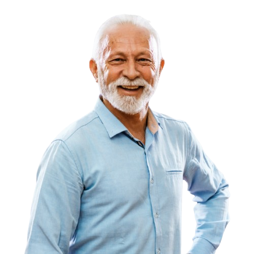 Friendly senior man with white hair and beard smiling in a light blue shirt, a satisfied Senior Insurance in San Antonio policyholder.
